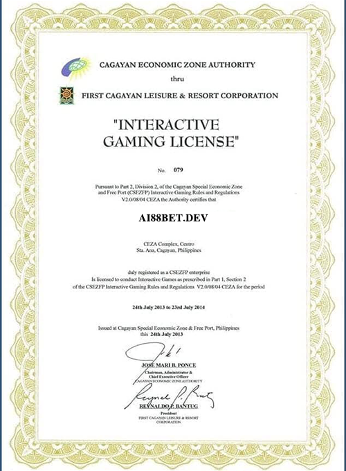 giấy phép chứng nhận cagayan economic zone authority cho ai88bet