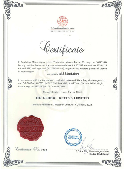 giấy phép chứng nhận egambling cho ai88bet